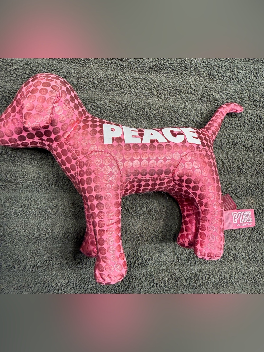 PINK Victoria's Secret Metallic Dot Pink Dog Plush with "PEACE"